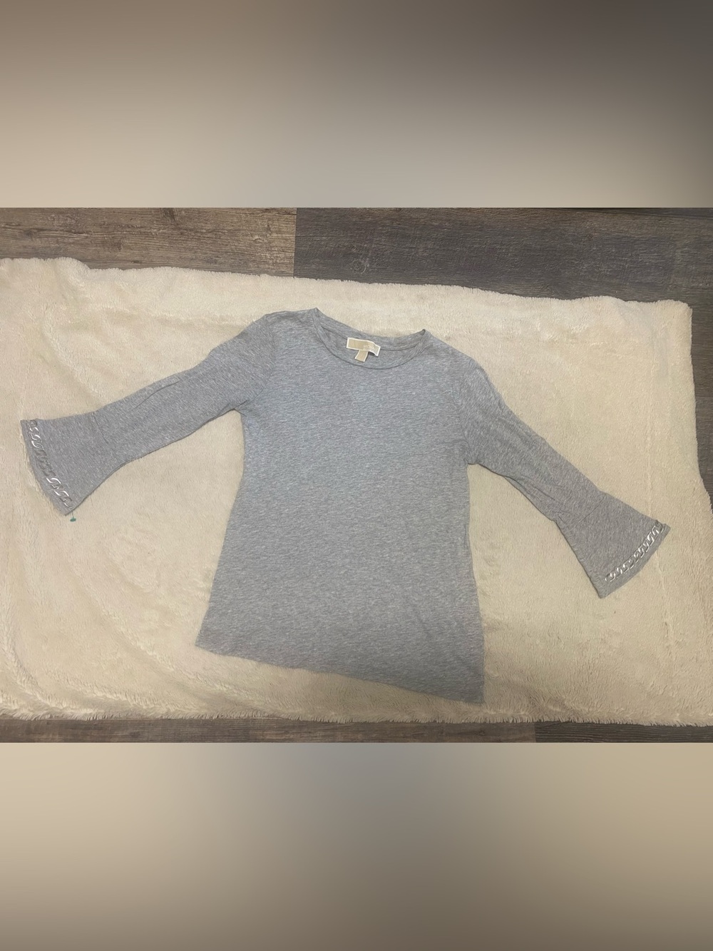 Michael Kors Light Gray Long Sleeve Top with Flared Bead-Trimmed Cuffs